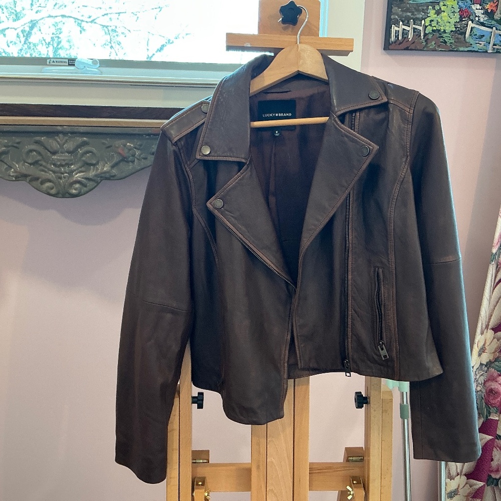 Brown Lucky Brand leather Moto jacket
